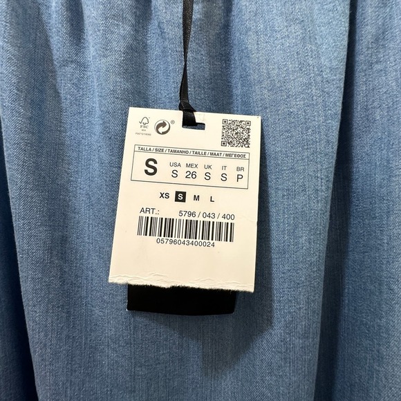 2/$30 Zara Mini Dress Premium Denim Chambray Puff Sleeve Size S Off Shoulder NWT - Picture 8 of 11